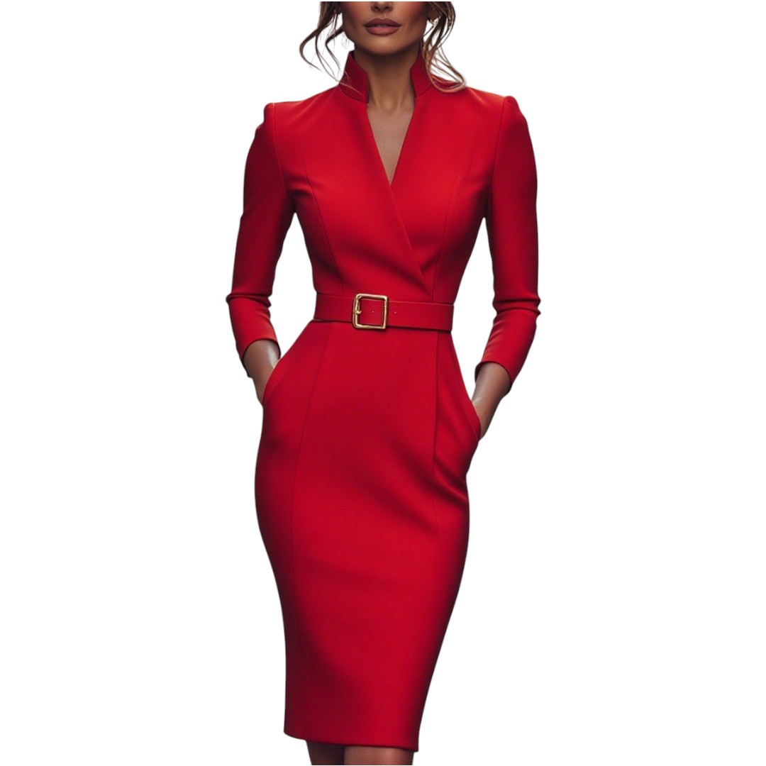 Marina | Refined black dress with belt and mandarin collar