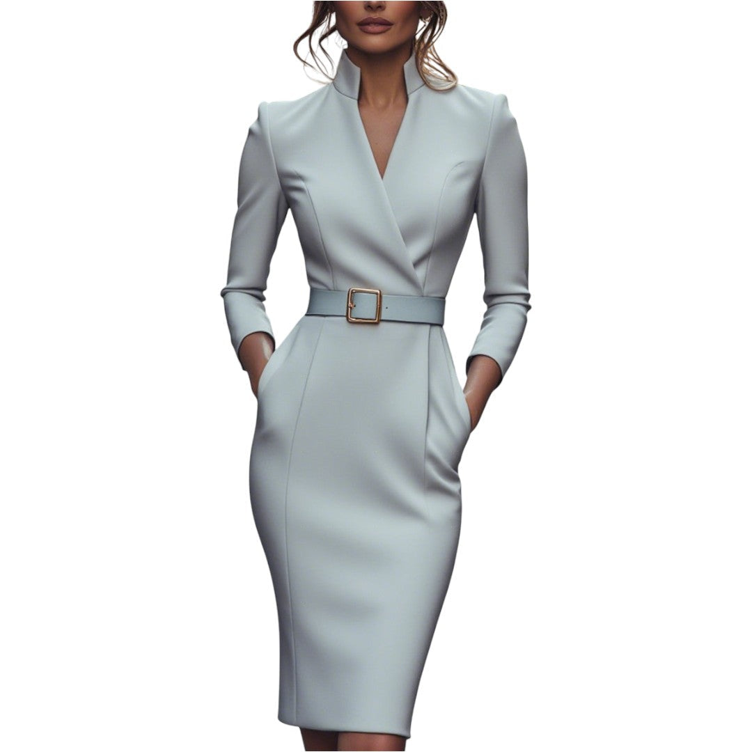 Marina | Refined black dress with belt and mandarin collar