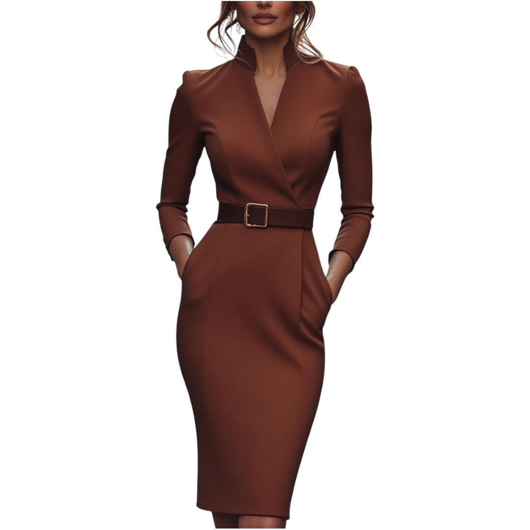 Marina | Refined black dress with belt and mandarin collar