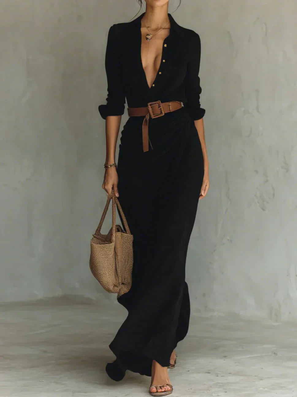 black maxi dress brown belt Flower Belt V-Neck Long Sleeved Maxi Dress In Black Black / Medium