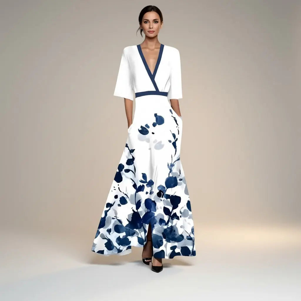 Marina - Long Dress with Elegant V Neck Print